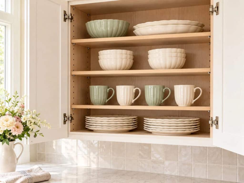 Adjustable kitchen cabinet shelves spaced to fit stacks of ivory plates, sage and cream mugs, and serving bowls, with shelf-pin holes visible along the sides.
