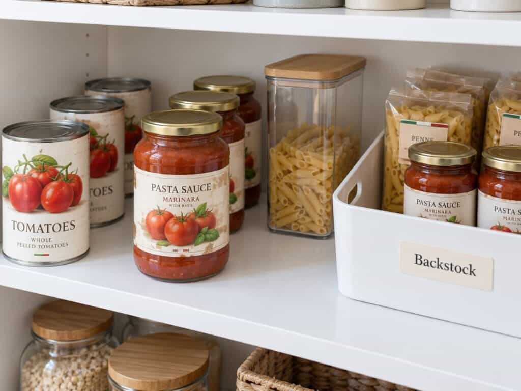 Tomato cans and pasta sauce arranged front to back on a pantry shelf, with unopened extras in a separate backstock bin.