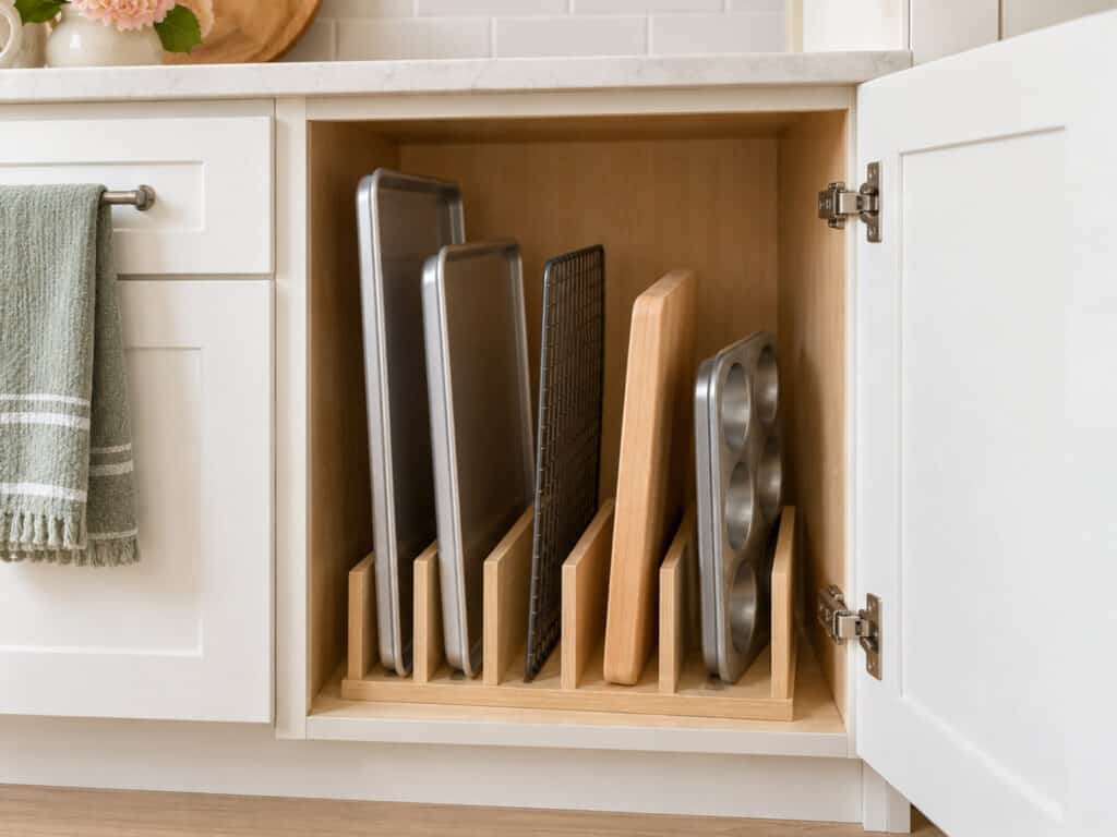Wooden dividers hold baking sheets, a cooling rack, a cutting board, and a muffin pan upright in separate slots.