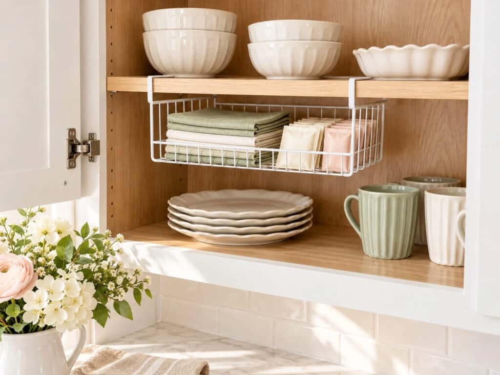 White wire under-shelf basket holds folded napkins and tea packets above a short stack of ivory plates, with mugs alongside.