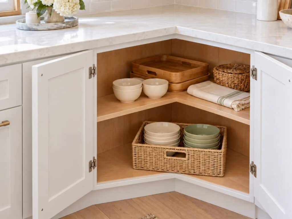 Open corner cabinet with a handled basket of bowls near the front and serving trays and linens farther back.