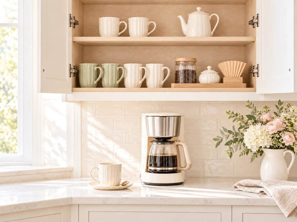 Sage and ivory mugs, coffee beans, filters, and sugar stored in an open cabinet above a cream coffee maker, with blush and white flowers nearby.