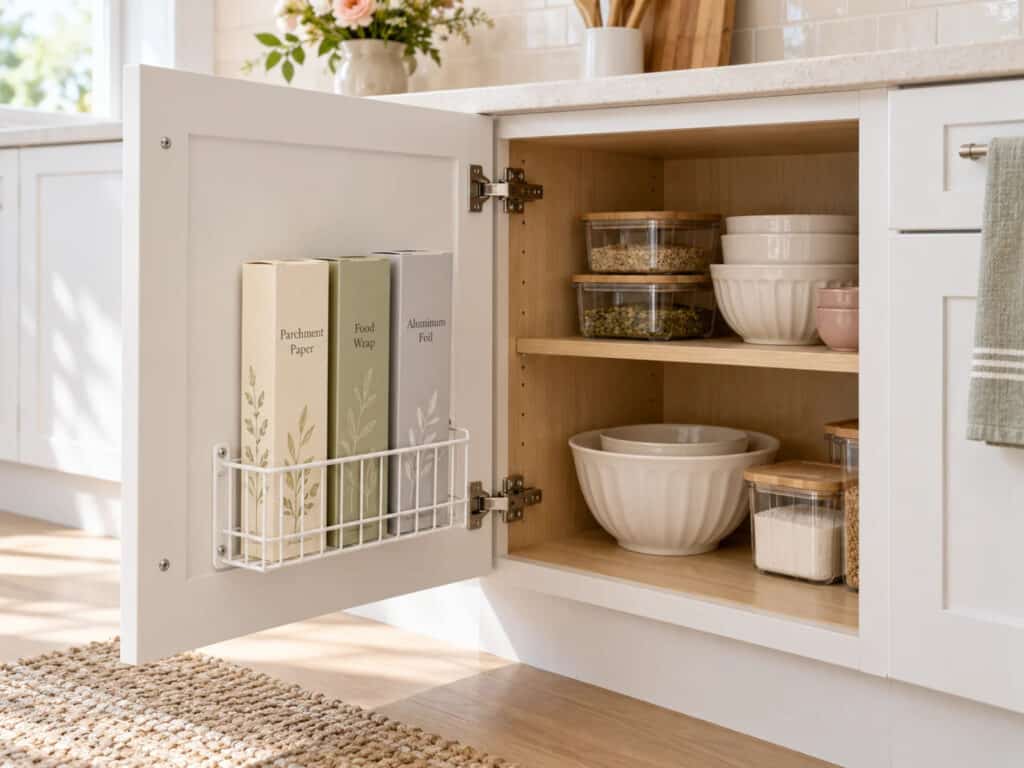 Shallow wire holder mounted inside a cabinet door stores parchment paper, food wrap, and aluminum foil boxes.