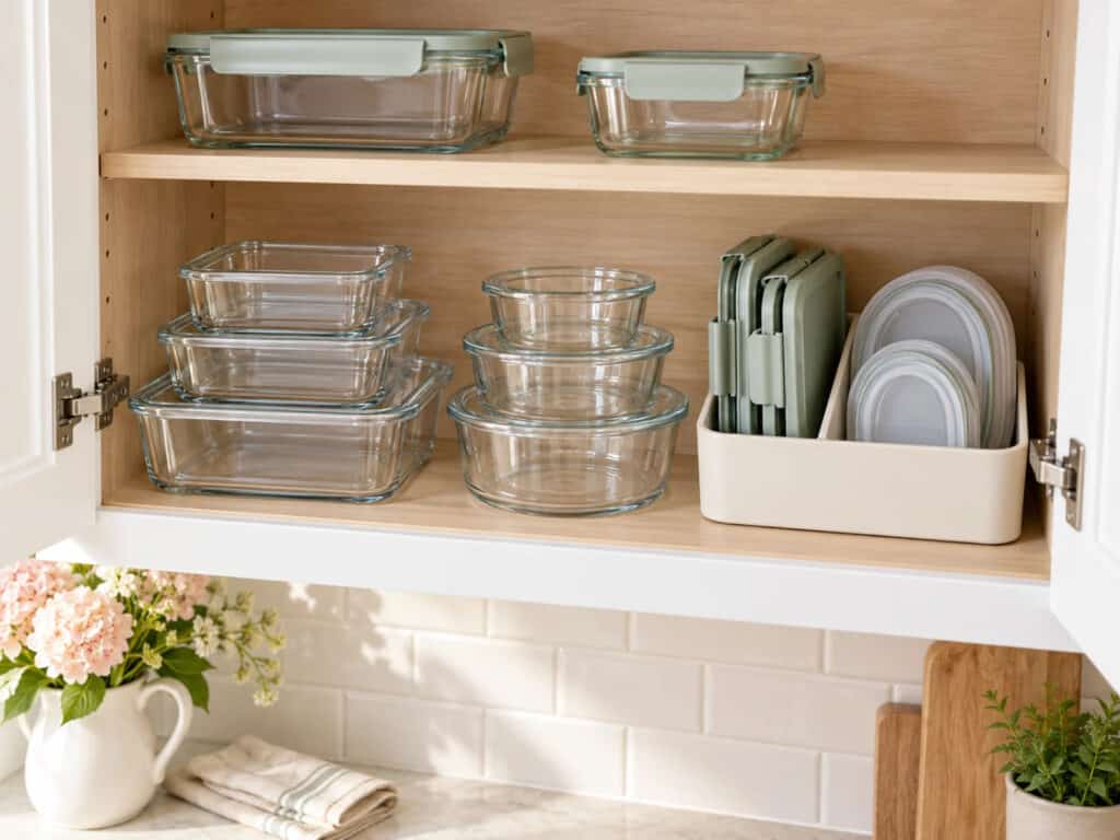 Round and rectangular glass containers nest beside a divided bin holding their lids upright.