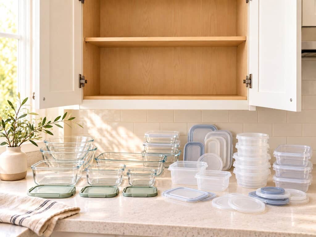 Empty kitchen cabinet with glass bowls, food storage containers, takeout tubs, and assorted lids spread across the counter for sorting.