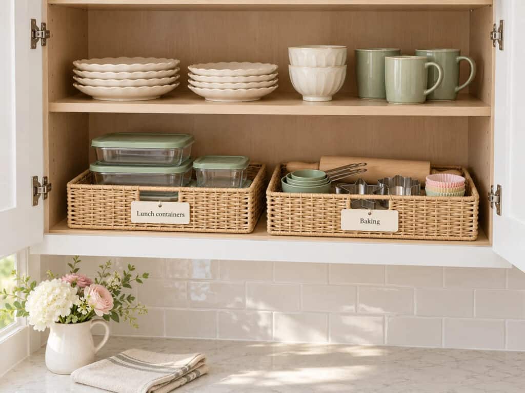 Baskets labeled “Lunch containers” and “Baking” organize supplies beneath neatly grouped plates, bowls, and mugs.