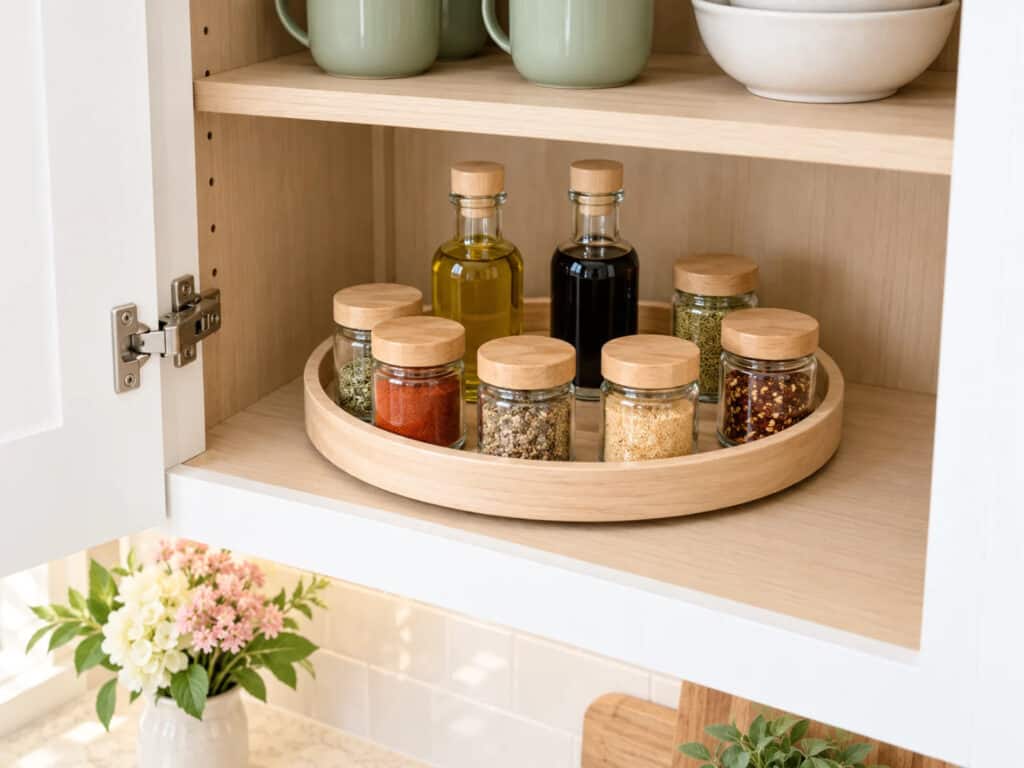Wooden turntable holds spice jars and small oil and vinegar bottles inside a kitchen cabinet.