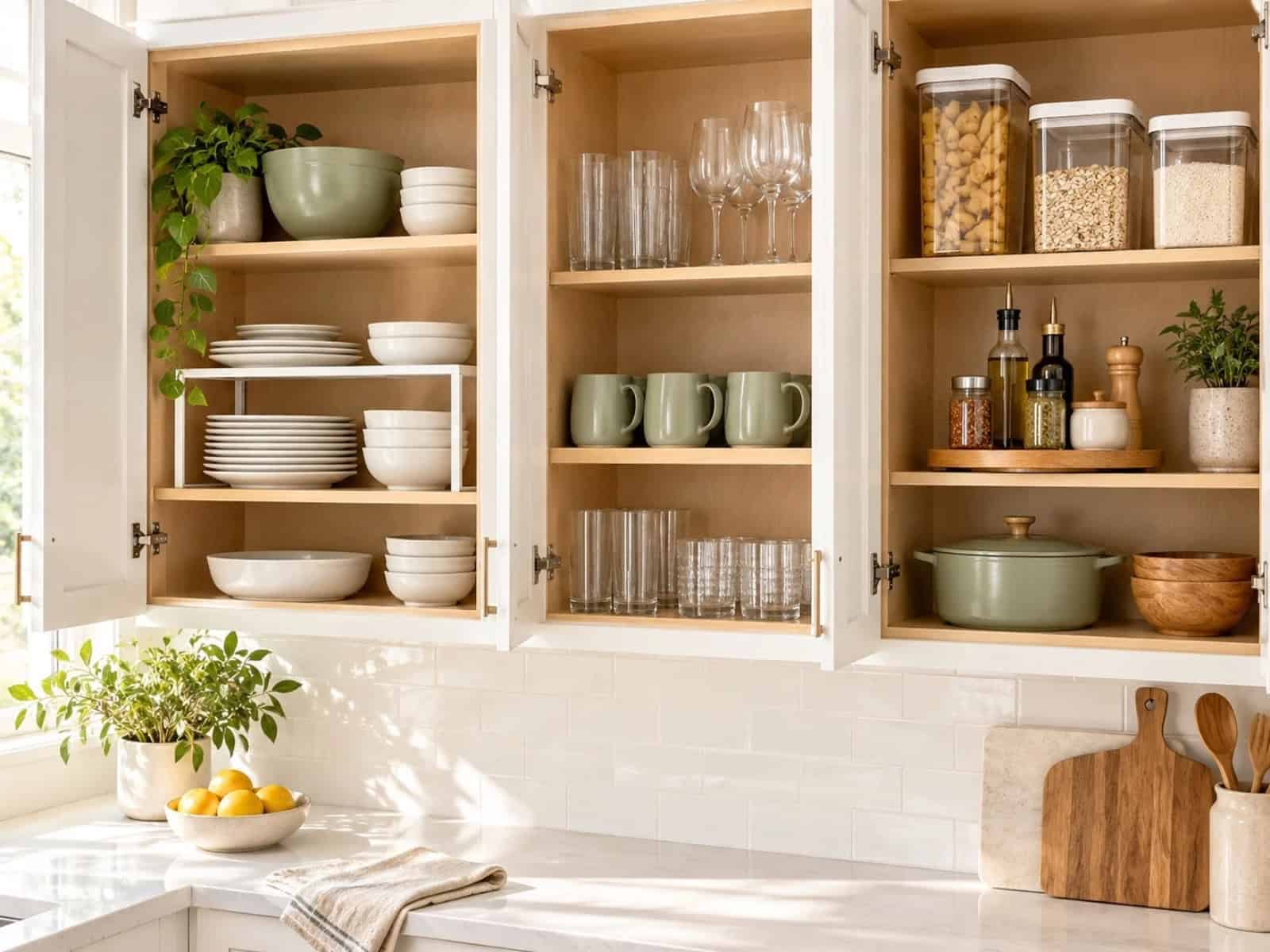 Open kitchen cabinets with neatly stacked dishes, sage green mugs, clear food containers, a shelf riser, and a wooden turntable for cooking essentials.