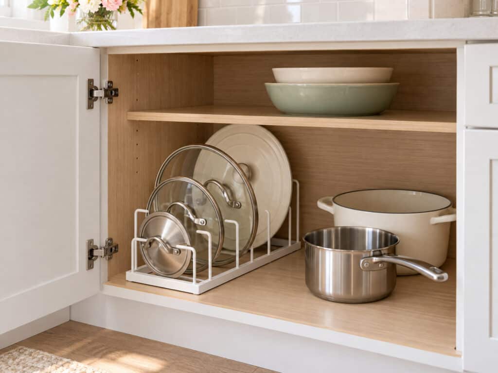 Pot lids stand individually in a white rack beside a saucepan and cooking pot inside a lower cabinet.