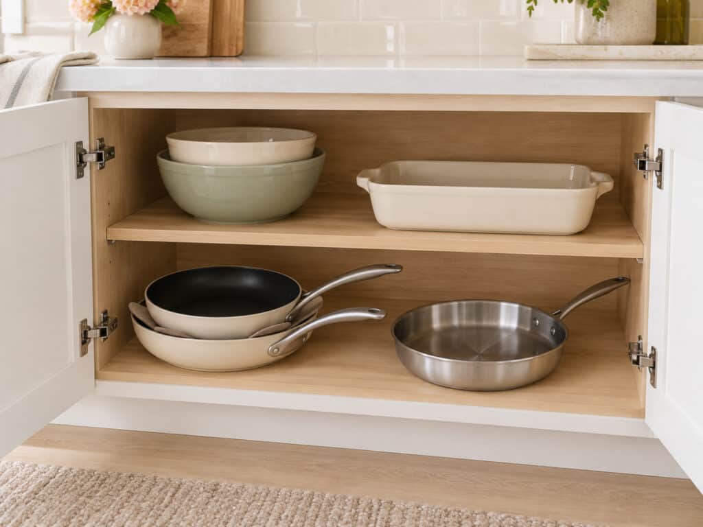 Two frying pans nest with protective pads beside a stainless skillet stored separately in a lower cabinet.
