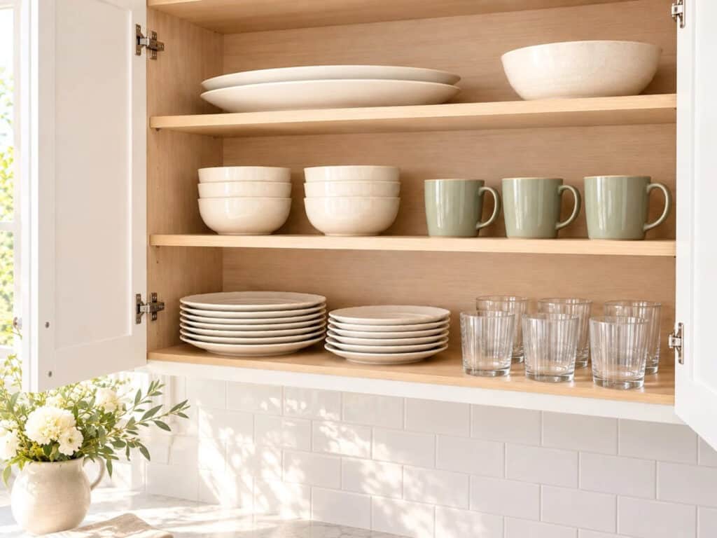 Open kitchen cabinet with ivory plates and clear glasses on the lowest shelf, bowls and sage mugs above, and serving platters on the top shelf.