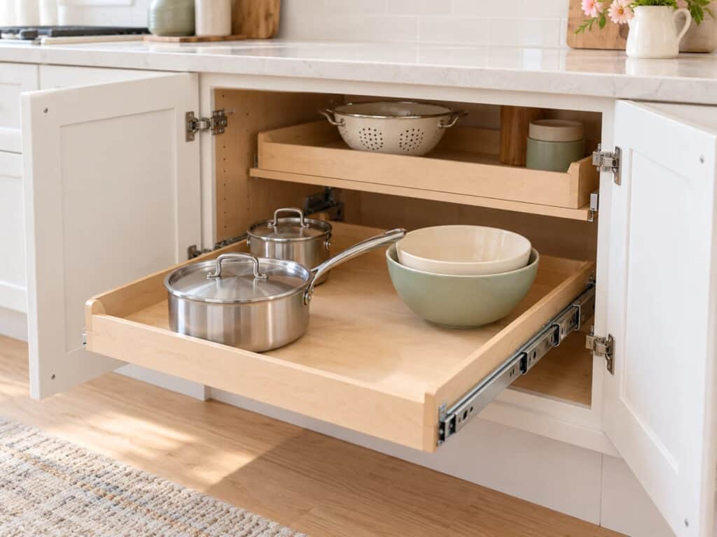 Wooden pull-out shelf extends from a lower cabinet, bringing stainless cookware and nested mixing bowls within reach.