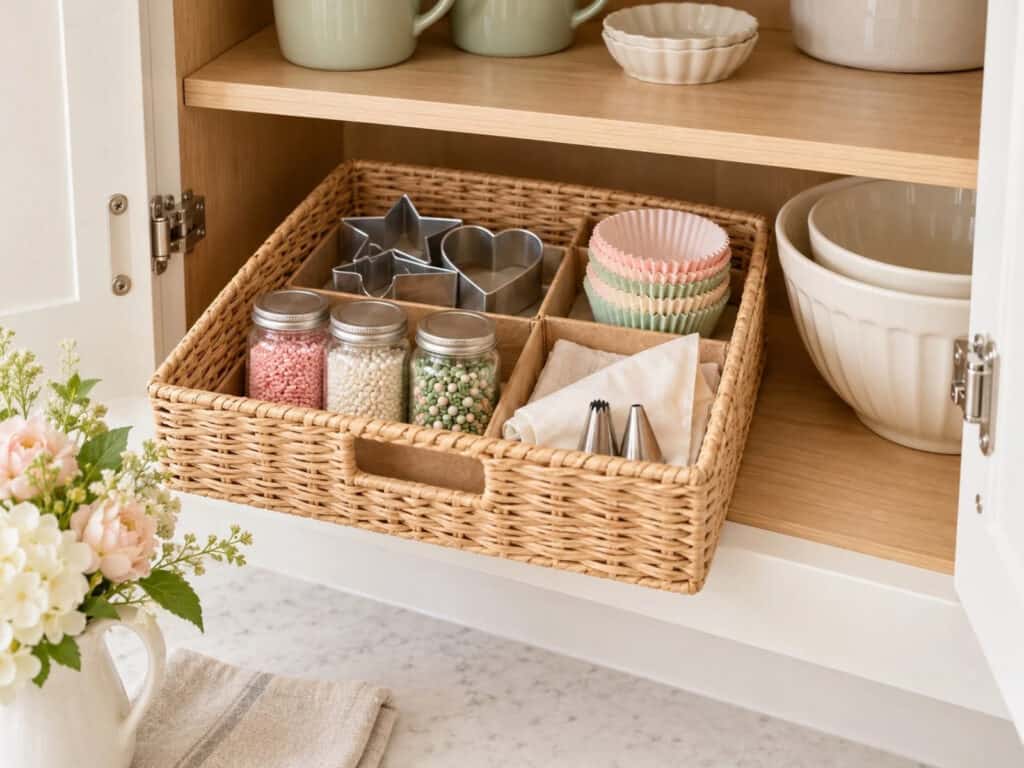 Shallow woven basket pulled forward from a kitchen cabinet holds cookie cutters, cupcake liners, sprinkle jars, and piping supplies.
