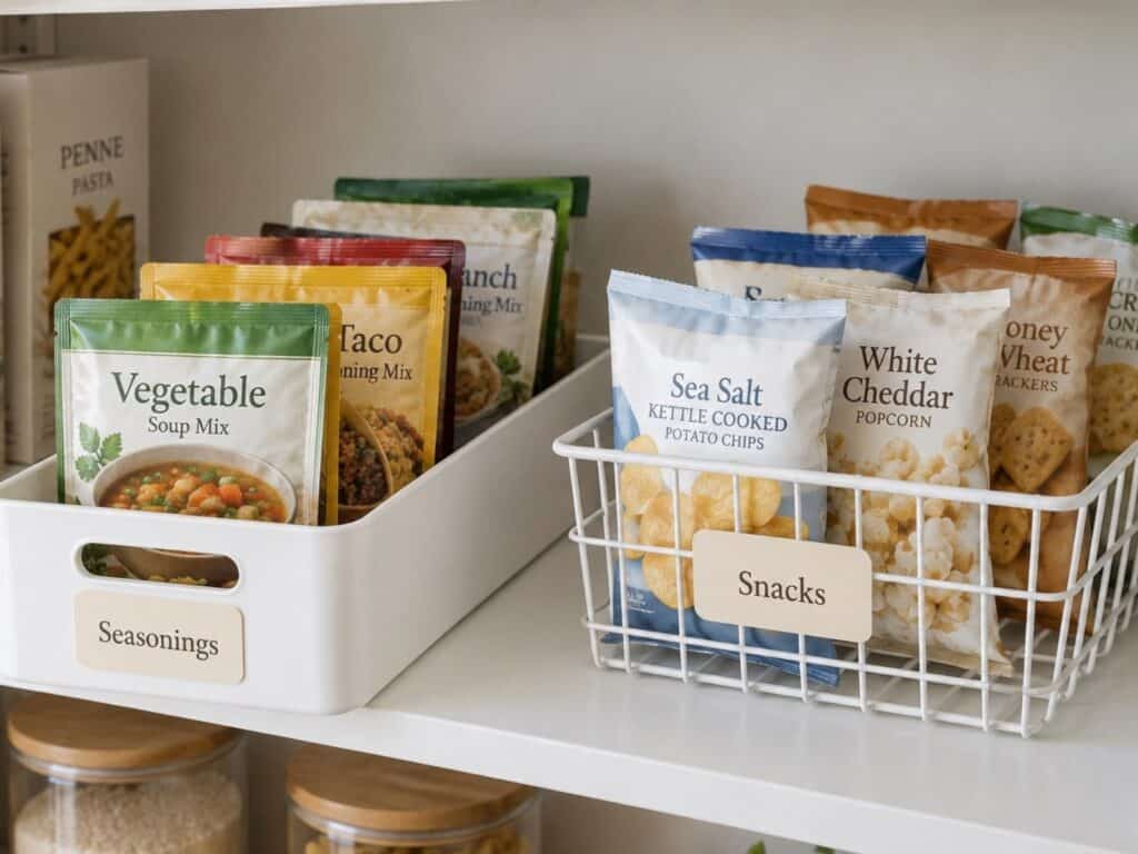 Open pantry bins holding upright seasoning packets and snack bags with labels facing forward for easy access.