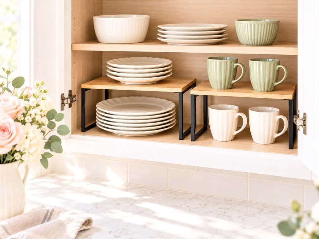 Bamboo risers separate stacks of plates and mugs, with the cabinet shelf above lowered to reduce unused space.
