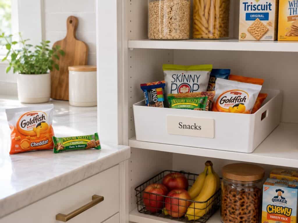 Easy-to-reach pantry bin labeled Snacks, with crackers and a granola bar on the nearby counter ready to put away.
