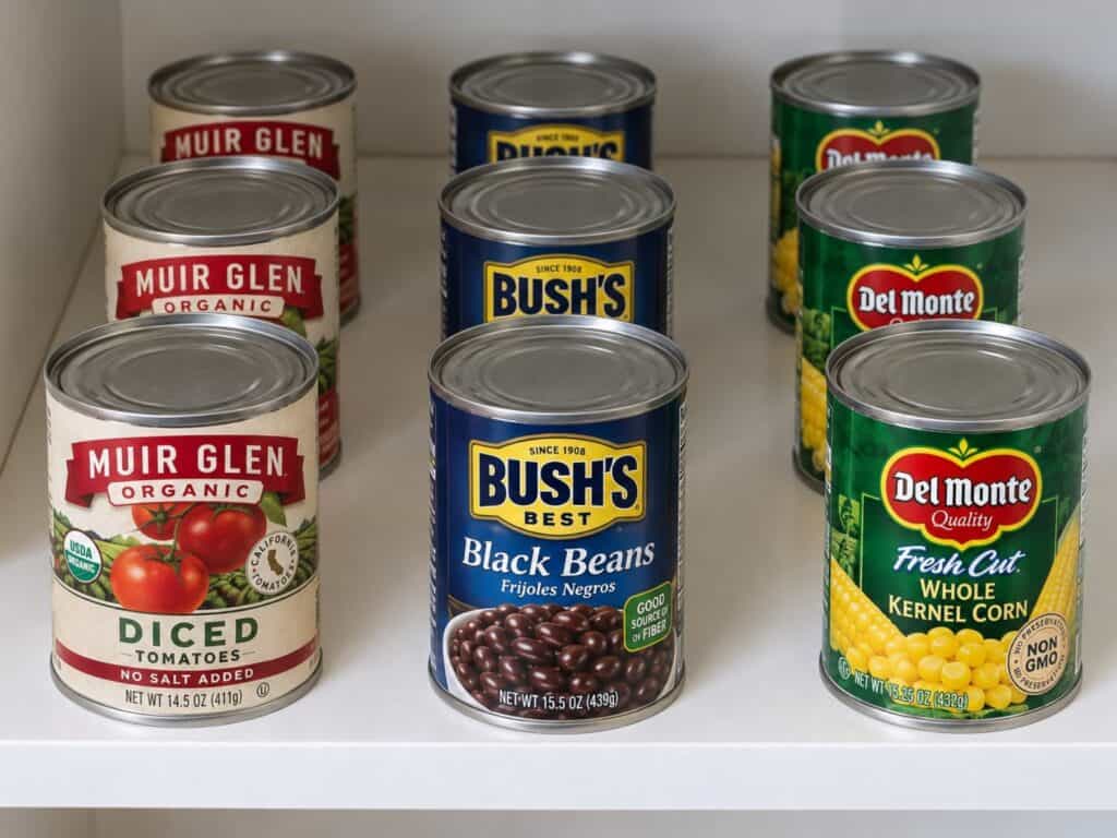 Muir Glen tomatoes, Bush’s black beans, and Del Monte corn arranged in matching front-to-back rows on a pantry shelf.