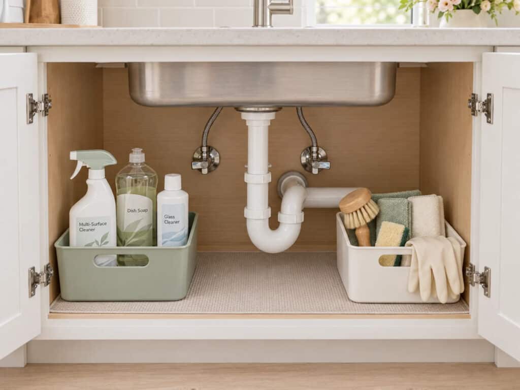 Two small caddies organize cleaning bottles, cloths, gloves, and brushes while leaving the drainpipe and shutoff valves accessible.