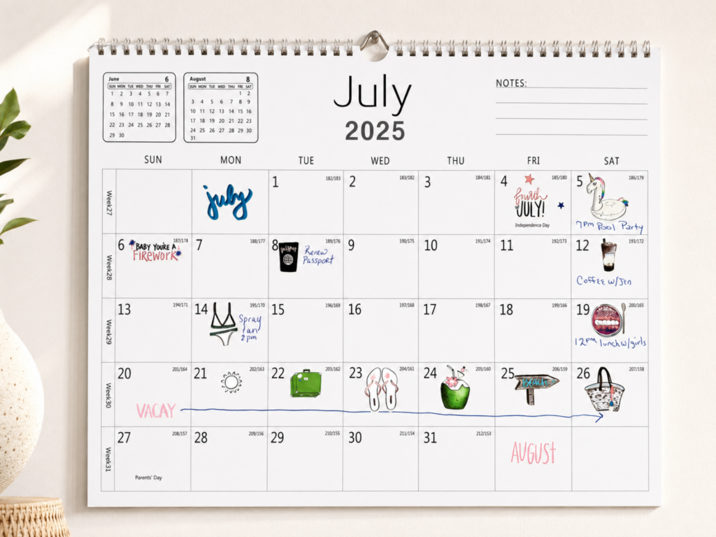 Wall calendar for July 2025 with handwritten events and decorative doodles. Highlights include a pool party on the 5th, coffee with Jen on the 12th, spray tan on the 14th, vacation from the 21st to 27th, and lunch with friends on the 19th. Small sketches of summer items like a bikini, suitcase, flip-flops, and coconut drink decorate the calendar.
