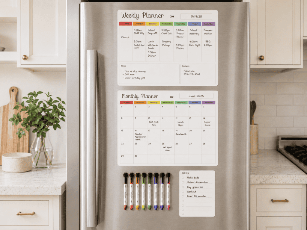 Dry-erase planners on a fridge showing a weekly, monthly (June 2025), and daily schedule with events, reminders, and colorful markers attached below.