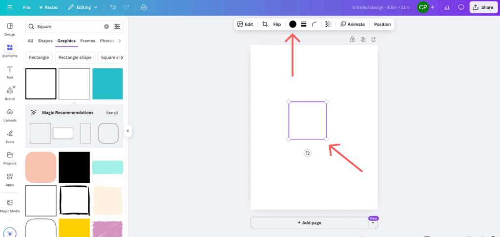 Screenshot of a Canva design showing a selected outlined square on a blank 8.5" x 11" canvas. Red arrows point to the corner of the square (for resizing) and to the top toolbar where the color change option is located. The left panel displays various square graphic options.