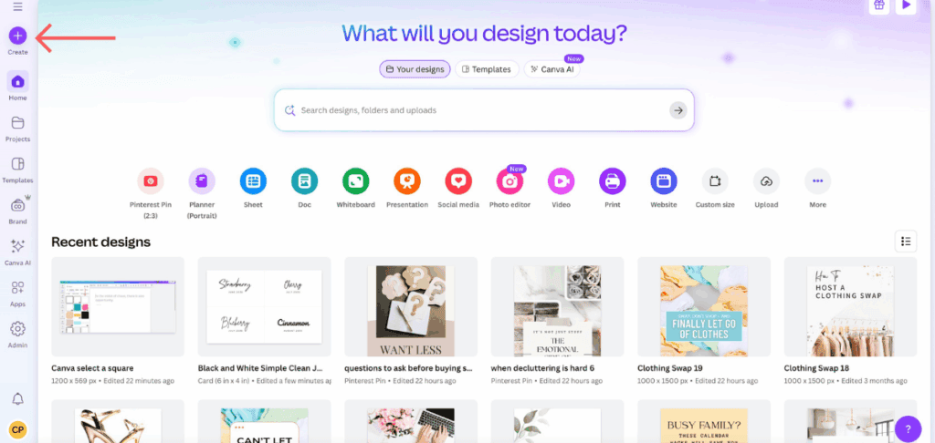 Screenshot of Canva's homepage with a red arrow pointing to the purple “Create” button in the upper-left corner of the screen.