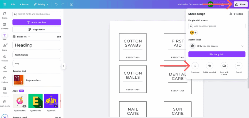 Screenshot of Canva showing a completed label sheet design with six minimalist square labels on an 8.5" x 11" page. Each label includes a bold item name and the word “ESSENTIALS” beneath a thin underline.