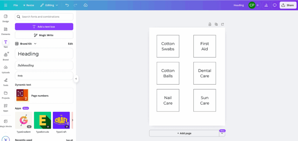 Screenshot of a Canva design showing a completed label sheet with six square labels arranged in two columns.