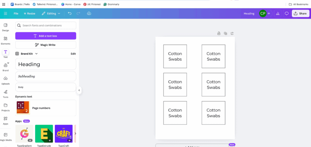 Screenshot of Canva showing a label sheet design with six identical square labels that read “Cotton Swabs.” The labels are arranged in two columns on an 8.5" x 11" page. The left sidebar displays the text editing panel with font and heading options.