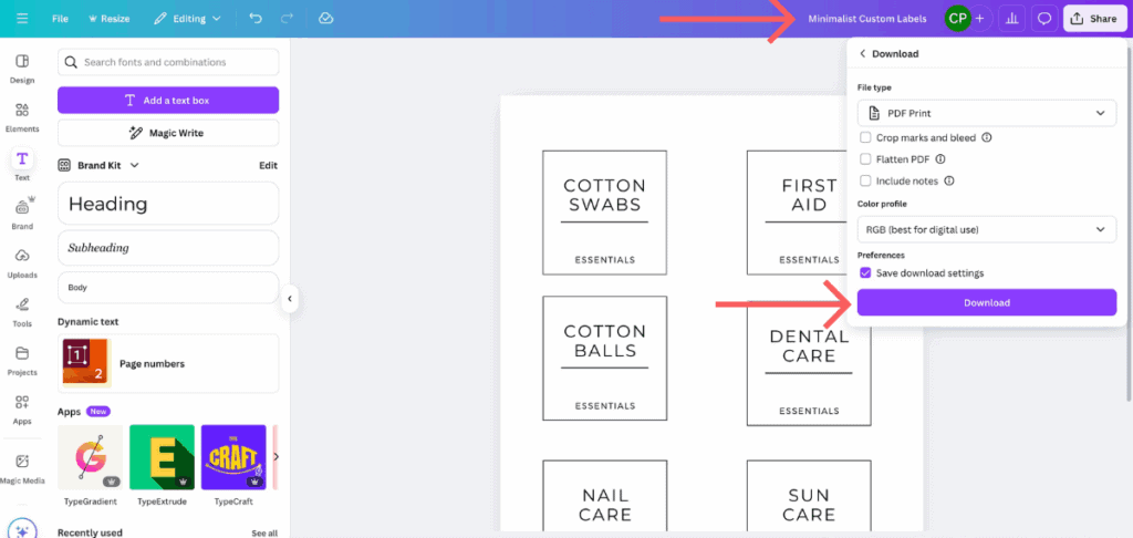 Screenshot of Canva showing the final download step for a label sheet titled “Minimalist Custom Labels.” A dropdown menu is open under the “Share” button, with “PDF Print” selected as the file type and the “Save download settings” option checked.