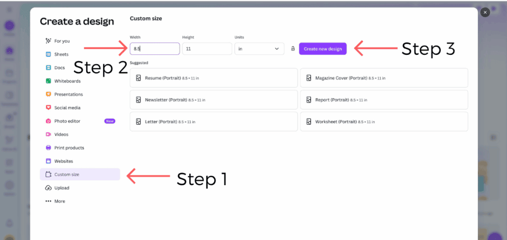Screenshot of Canva’s “Create a design” window with step-by-step instructions. Step 1 points to the “Custom size” option in the left sidebar. Step 2 points to the width and height input boxes set to 8.5 x 11 inches. Step 3 points to the purple “Create new design” button.