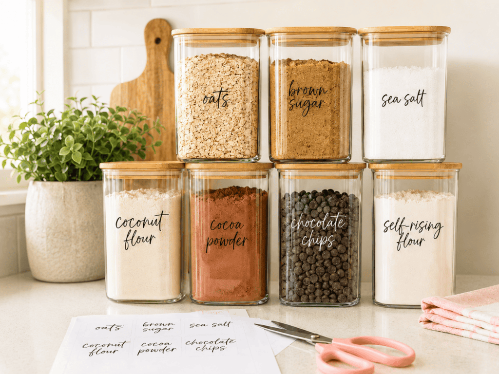 Seven glass containers with labels stacked on a kitchen countertop.