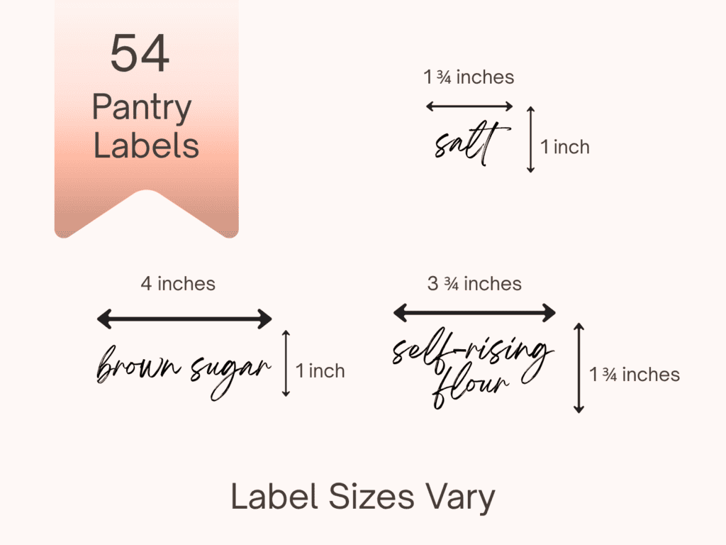 Arrows showing the size of three different pantry labels.