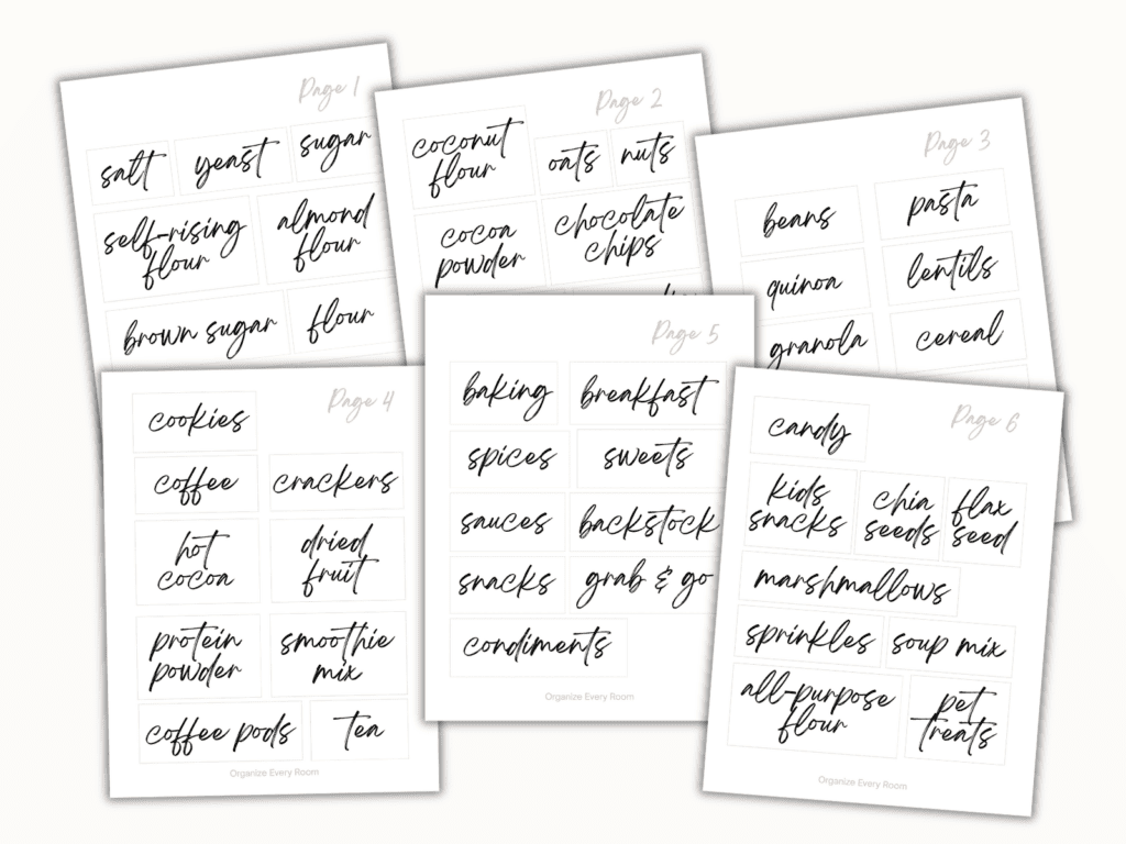 Six pages of pantry labels arranged together on a countertop.