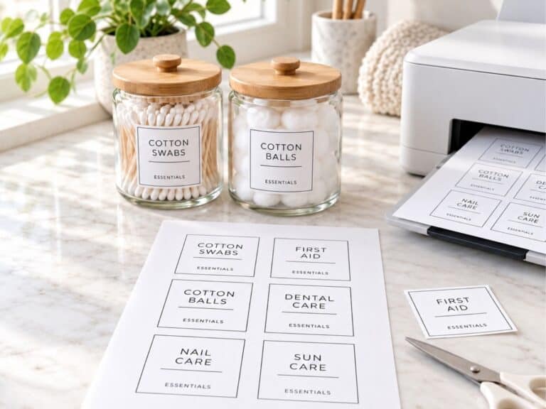 Printed organization labels beside labeled cotton swab and cotton ball jars, a printer, and scissors on a bright countertop.