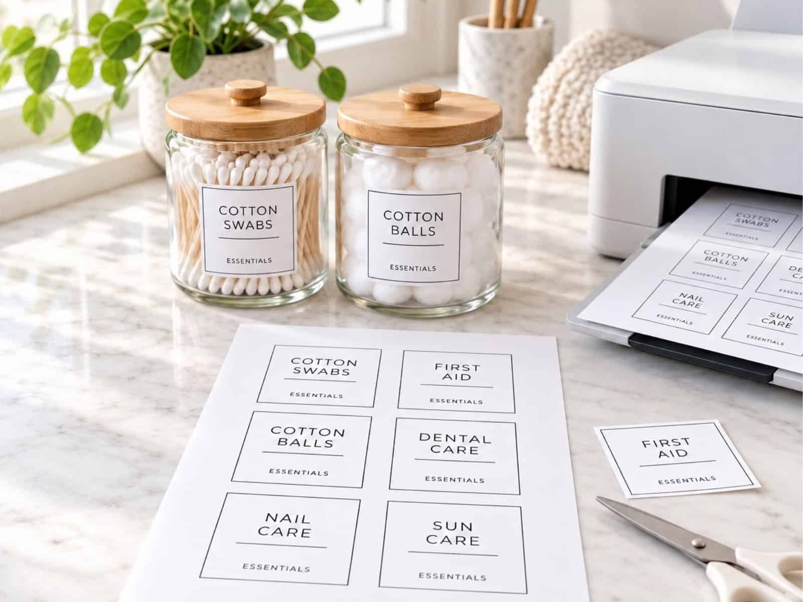 Printed organization labels beside labeled cotton swab and cotton ball jars, a printer, and scissors on a bright countertop.
