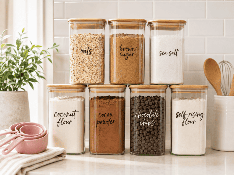 Labeled pantry containers stacked on a kitchen counter with a plant and measuring cups.