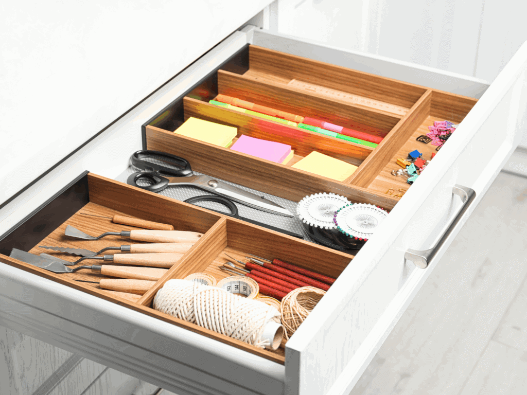 An open white drawer neatly organized with wooden dividers containing office and craft supplies, including scissors, pens, sticky notes, measuring tape, carving tools, twine, push pins, binder clips, sewing pins, and a ruler, all arranged in clearly defined sections.