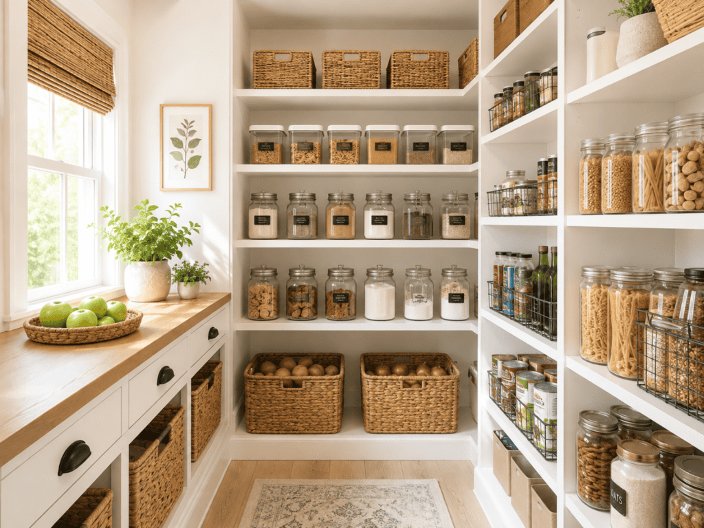 Three pantry shelves that are organized with baskets and labeled jars.