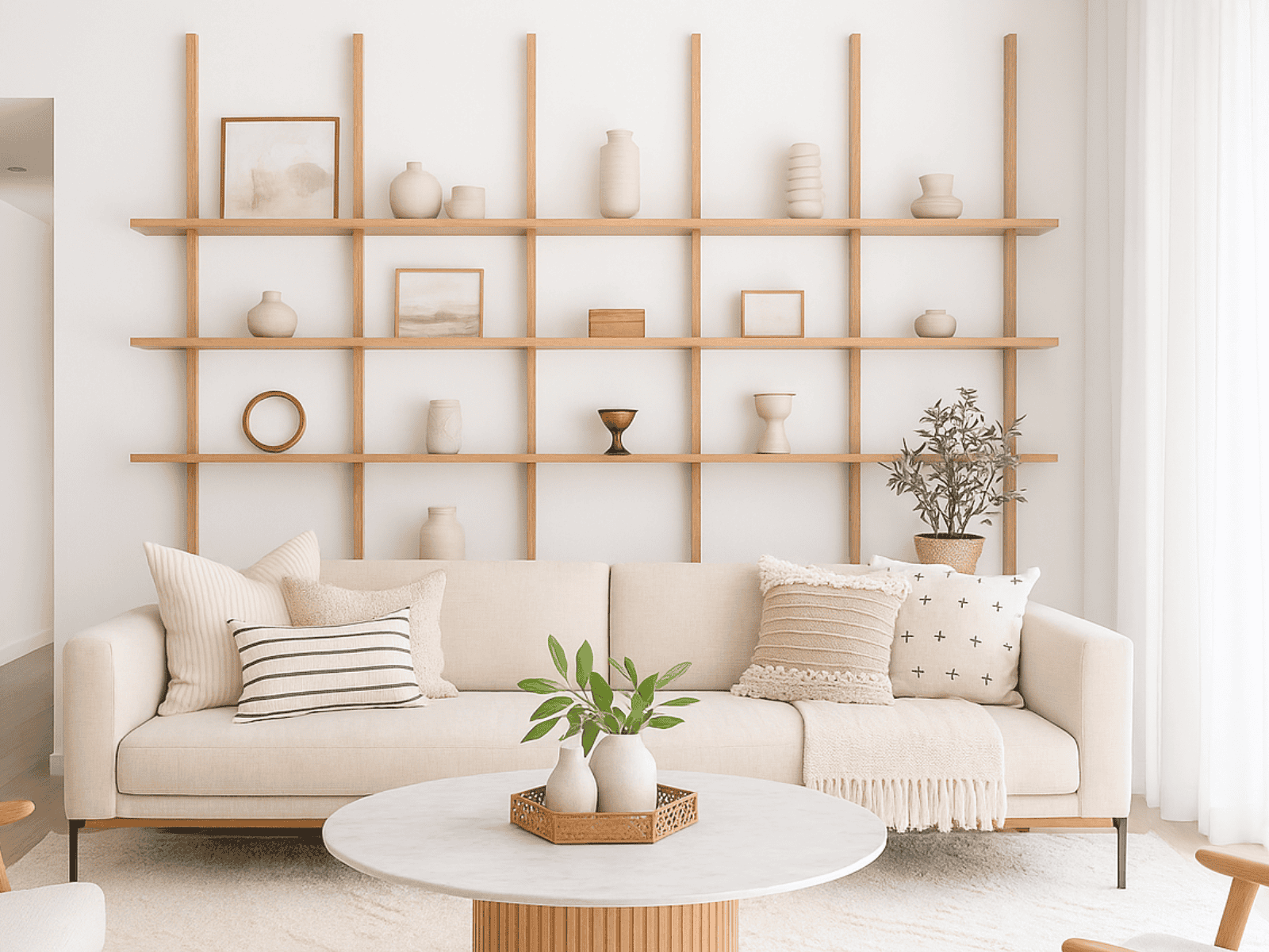 A bright and airy living room featuring a neutral-toned sofa with textured throw pillows, a round marble coffee table with minimalist decor, and a light wood shelving unit displaying simple vases and framed art.