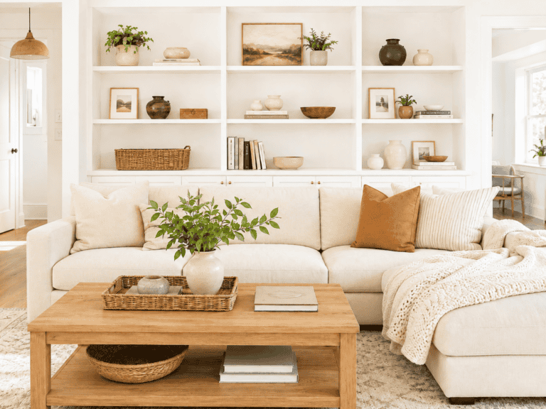 A white sofa and coffee table with three organized bookshelves behind the sofa.