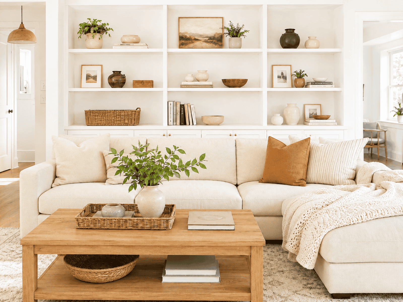 A white sofa and coffee table with three organized bookshelves behind the sofa.
