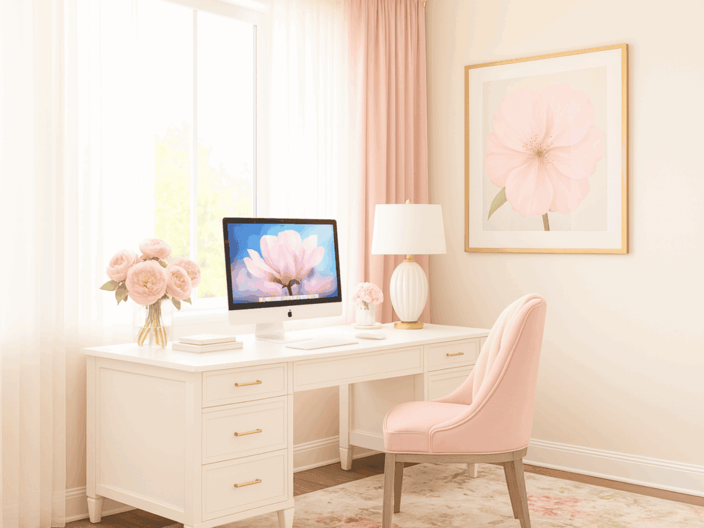 A bright and elegant home office with a white desk featuring gold hardware, a pink upholstered chair, a vase of pink peonies, a desktop computer displaying a flower, a white and gold table lamp, and a large framed pink flower print on the wall.