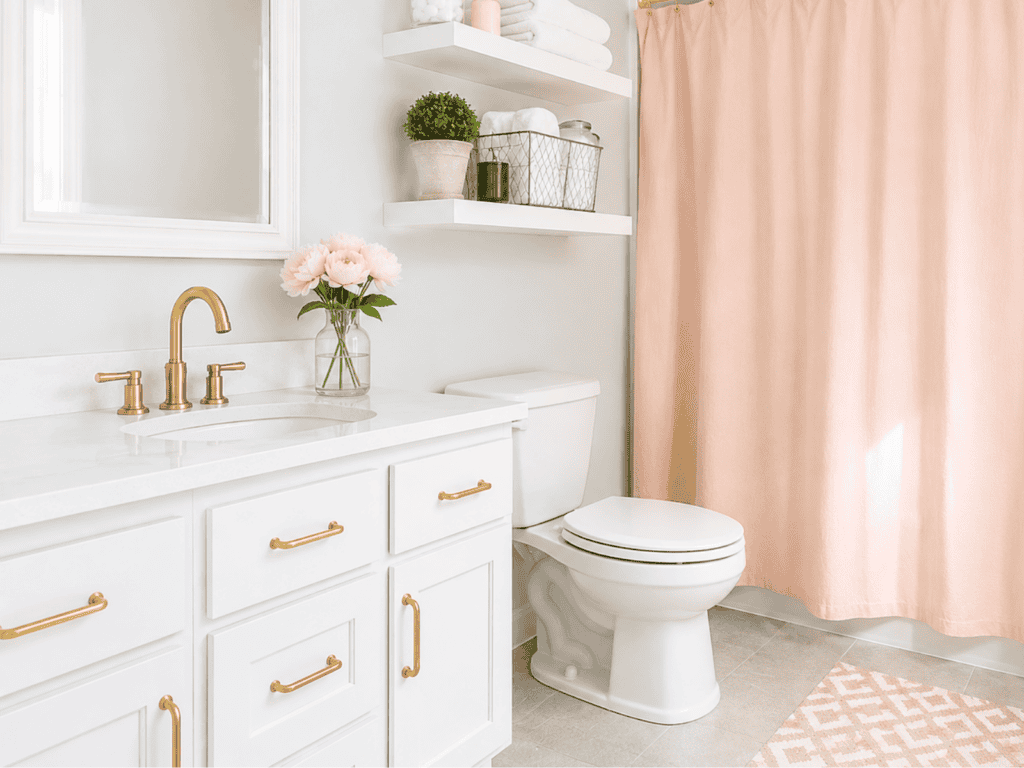 A white and gold bathroom with a pink shower curtain.