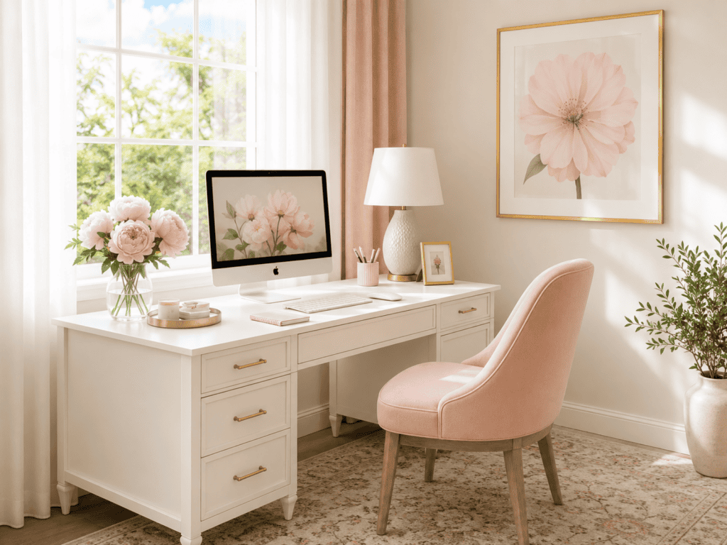 A small pink and white home office.