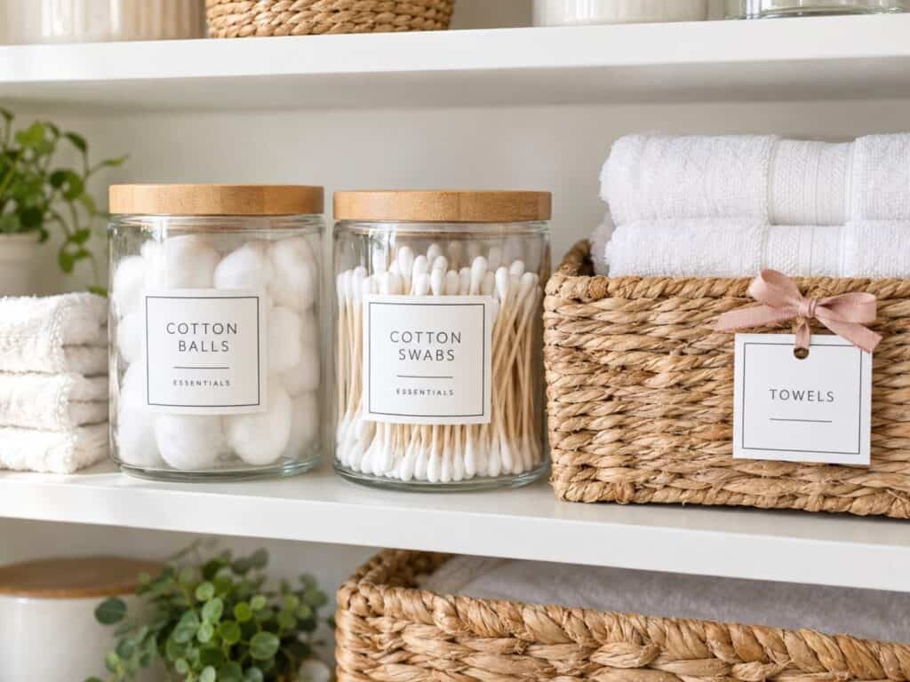 Matching labels on glass jars of cotton balls and cotton swabs beside a towel basket with a pink ribbon-tied label.