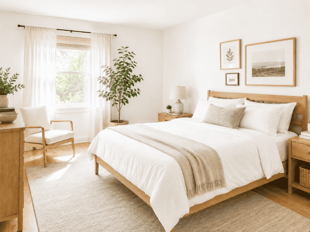 A bedroom with an organized dresser and nightstands.