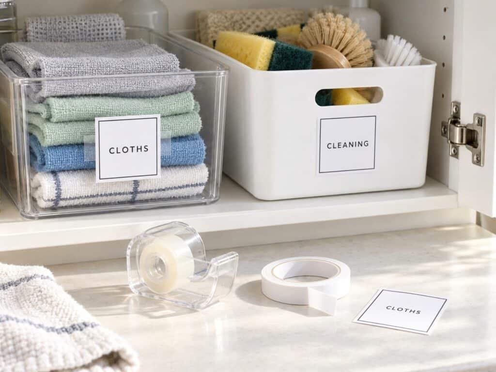 Labeled cloth and cleaning supply bins inside a white cabinet, with clear tape, double-sided tape, and a paper label nearby.
