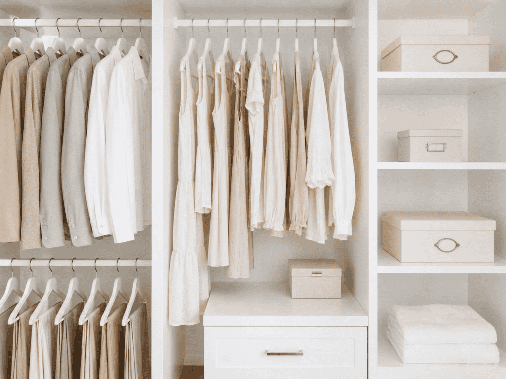 Clothes hanging in a closet beside shelves with organized baskets.