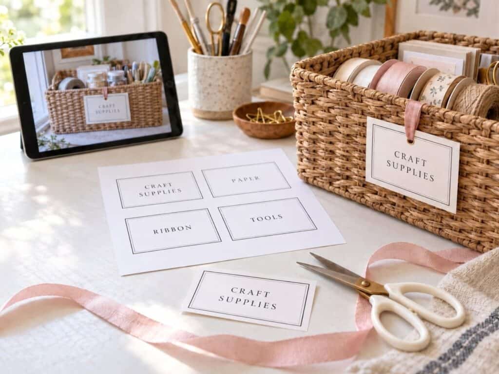 Printed organization labels, scissors, and pink ribbon beside a labeled craft basket and an inspiration photo on a tablet.